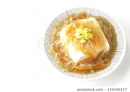Silken tofu with thick bean paste photographed on a white background 134340317