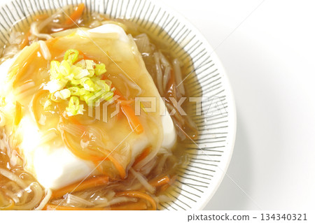 Silken tofu with thick bean paste photographed on a white background 134340321