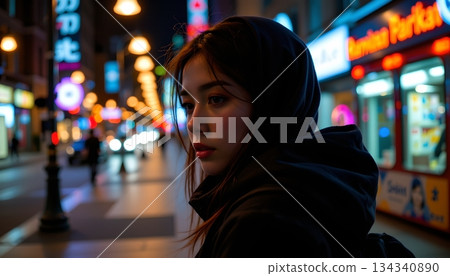 In the heart of an urban nightscape, a person stands on the sidewalk, their gaze directed off to the side 134340890