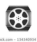 Film reel in folded film strip frame. Cinema symbol. Filmmaking equipment icon. Vector illustration 134340934