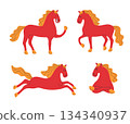 Cute hand drawn red horses set. New Year 2026 Horse symbol. Cartoon pony. Vector illustration 134340937