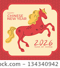 Chinese New Year greeting card with cute hand drawn red horse and wave pattern. 2026 is the Year of the Horse. Vector illustration 134340942