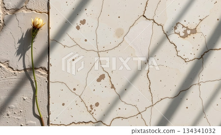 A single flower with a long stem is placed on a textured concrete surface with cracks revealing its age 134341032