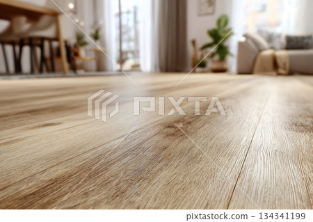 Wood floor. Light wooden flooring closeup. Shiny new hardwood floor. House renovation, changing floor to parquet. Beautiful golden hands craped oiled oak brushed for texture grain. Empty living room 134341199