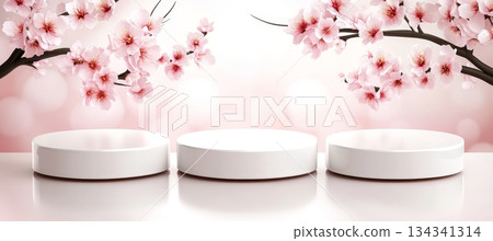 Minimal White Display Stands on Softly Illuminated Stage with Blooming Cherry Blossoms in Spring 134341314