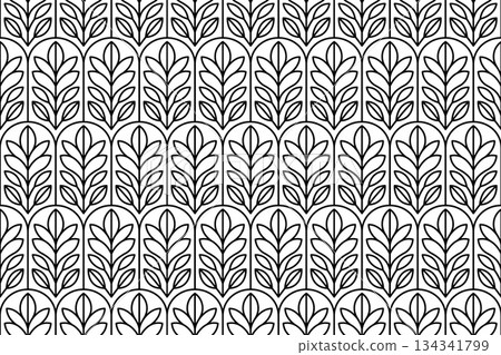 Seamless geometric pattern with repeating botanical shapes. black line art style. 134341799