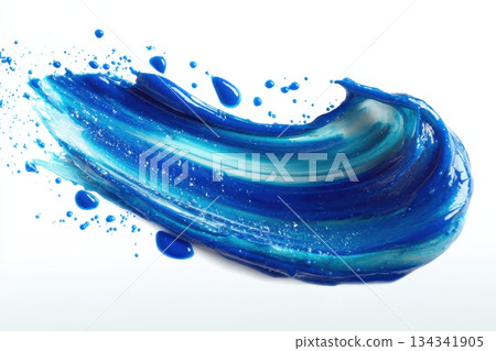 Gel. Blue gel texture with bubbles swoosh swatch sample cosmetics. Cosmetic product close up. Facial jelly serum, cleanser, shower gel or shampoo. Transparent drop isolate on white background. Liquid 134341905