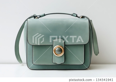 Green leather bag and metal golden hardware details isolated white background. Fashionable luxury female accessory. Simple shape design. Sage color woman Handbag designed in classic style. Shiny clasp 134341941