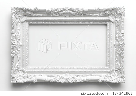 Home interior baroque poster mock up on white wall. Empty mock up. Space for canvas barocco style. Wood painted picture rich decorative photo frame. Pure background. Antique rococo, vintage. Museum 134341965