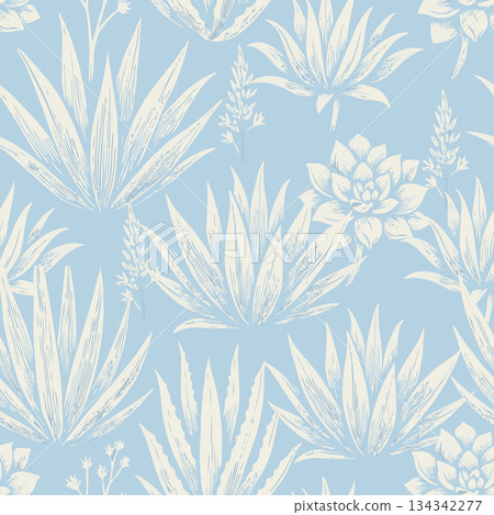 Monochromatic agave and echeveria seamless vector design perfect for fabric prints, wedding invitations, stationery, or home decor. 134342277