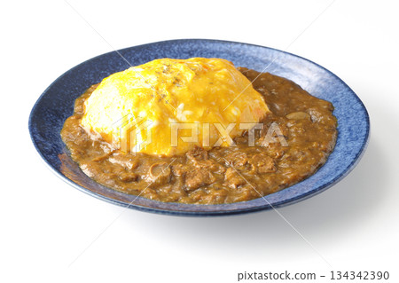 Omelet curry rice photographed on a white background Omelet curry rice photographed on a white background 134342390