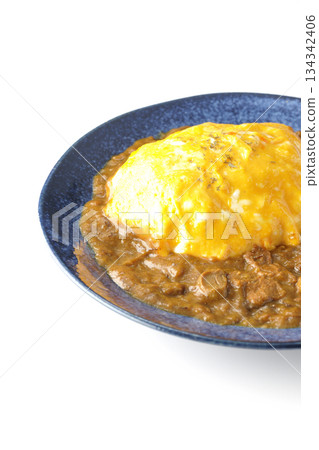 Omelet curry rice photographed on a white background Omelet curry rice photographed on a white background 134342406