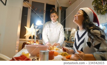 Two companions smile amid holiday chaos and cheerful ambience Two companions smile amid holiday chaos and cheerful ambience 134342815