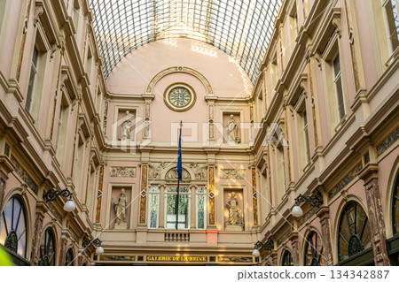 Shop street in Brussels Royal Galleries of St. Hubert. Old building architecture in Belgium 134342887