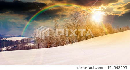 panorama of a beautiful winter landscape at sunset. forest on a snow covered meadow in evening light. trees in hoarfrost in wonderful frosty weather. timeless nostalgia book cover with rainbow panorama of a beautiful winter landscape at sunset. forest on a snow covered meadow in evening light. trees in hoarfrost in wonderful frosty weather. timeless nostalgia book cover with rainbow 134342995
