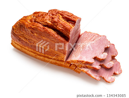 smoked pork close-up on a white 134343085
