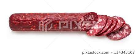 smoked sausages close-up on a white 134343102