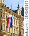 View of the Croatian flag and surrounding area at Ban Jelacic Square in the heart of the old town of Zagreb, Croatia 134343149