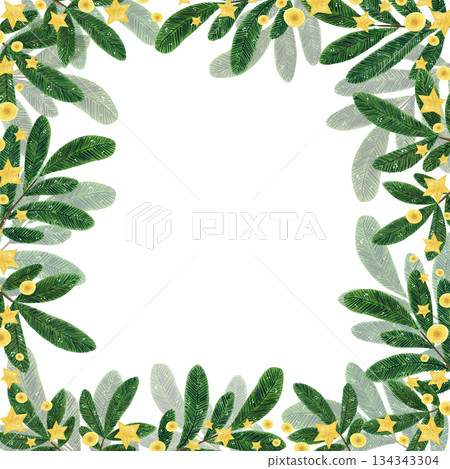 A square frame of fir branches and stars. Hand-drawn watercolor illustration, cartoon. holiday, New Year, Christmas, winter, cozy, stars, magic, kids, object, spruce, forest, natural, wood 134343304