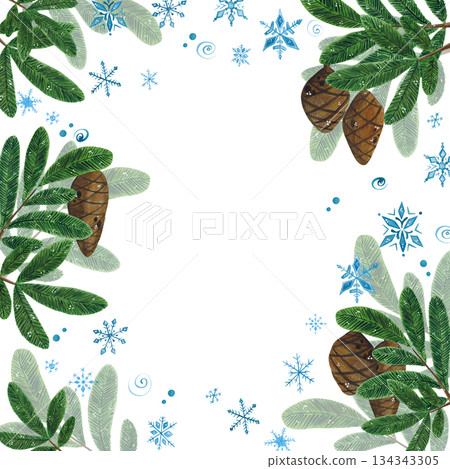 Hand drawn watercolor illustration. Festive, New Year's card, frame. Holiday, new year, christmas, winter, snowflake, pine cone, fir branch, pine needles, scrapbooking 134343305