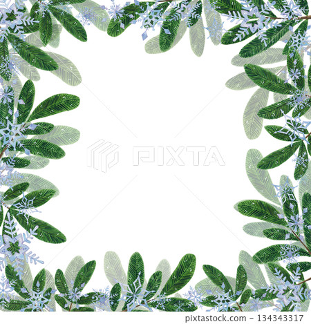 A square frame of fir branches and snowflakes. Hand-drawn watercolor illustration, cartoon. Holiday, New Year, Christmas, winter, snow, magic, snowflake, kids, object, spruce, forest, natural, wood A square frame of fir branches and snowflakes. Hand-drawn watercolor illustration, cartoon. Holiday, New Year, Christmas, winter, snow, magic, snowflake, kids, object, spruce, forest, natural, wood 134343317
