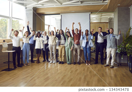 Group of happy diverse participants having fun after a business training meeting Group of happy diverse participants having fun after a business training meeting 134343478