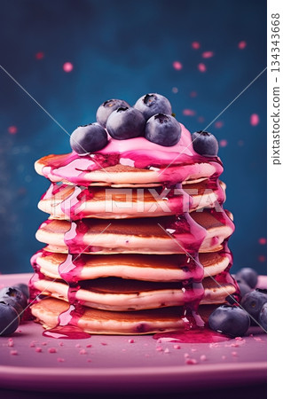 Pancakes with blueberry fruit and jam. Ai Generative Pancakes with blueberry fruit and jam. Ai Generative 134343668