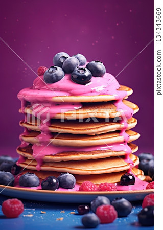 Pancakes with blueberry fruit and jam. Ai Generative Pancakes with blueberry fruit and jam. Ai Generative 134343669