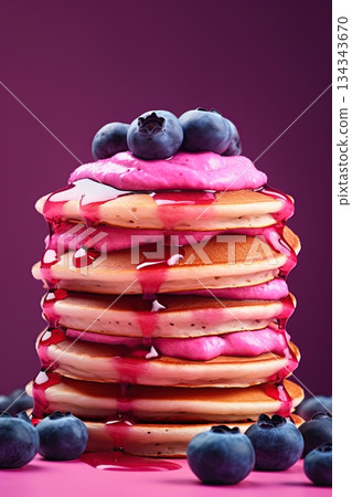 Pancakes with blueberry fruit and jam. Ai Generative Pancakes with blueberry fruit and jam. Ai Generative 134343670