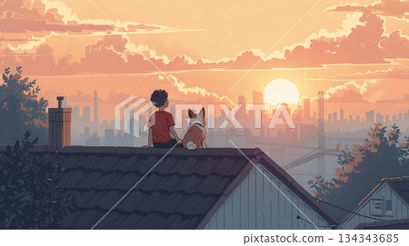 Lo-Fi Sunset Cityscape with Boy and Corgi on Roof 134343685