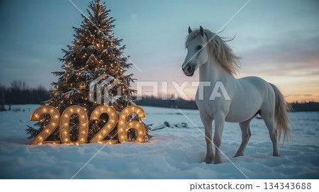 White Horse with Christmas Tree and numbers 2026 White Horse with Christmas Tree and numbers 2026 134343688