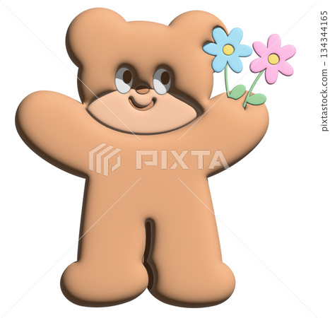 Inflated 3D of teddy bear holding flowers for model, merchandise, cartoon character, comic, mascot, mood, emotion, feeling, zoo, souvenir shop, animal brooch, sticker, art toy, kid doll, standee 134344165