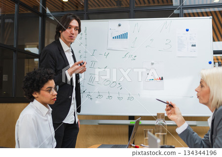 Teamwork brainstorm. Coworkers cooperating working together at office meeting. Colleagues discussing project ideas. Group of people in creative office discussing business. Young professional team 134344196