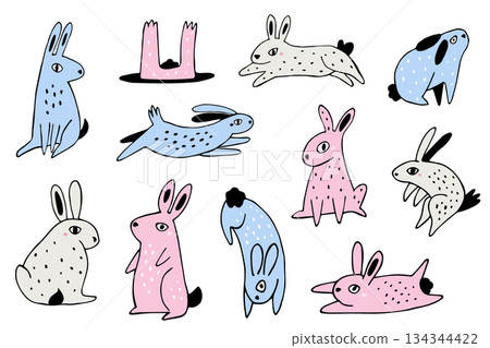 Cute Colorful Rabbits Set. Hand Drawn Bunny Characters Vector Illustration for Kids Prints and Stickers 134344422