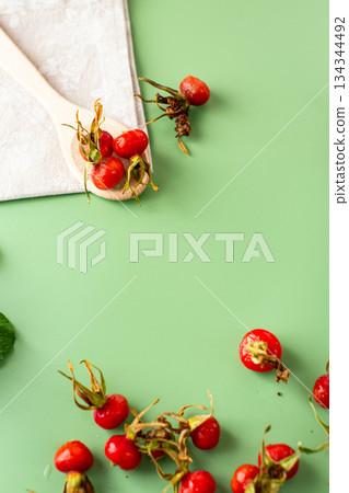 top view of ripe red rose hips 134344492