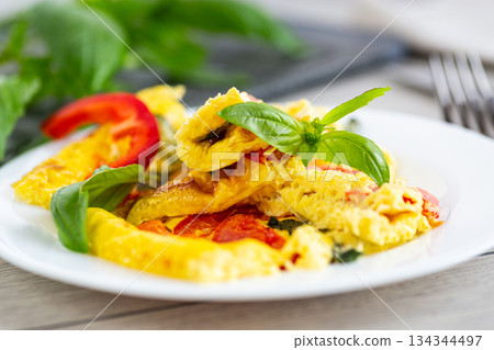 Breakfast with eggs, vegetables and herbs Breakfast with eggs, vegetables and herbs 134344497