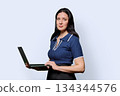 Portrait of successful middle-aged woman with laptop on white background 134344576