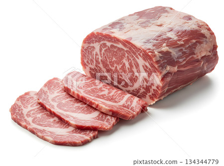 Raw Marbled Pork Neck Sliced and Whole Cut Isolated on White Background 134344779