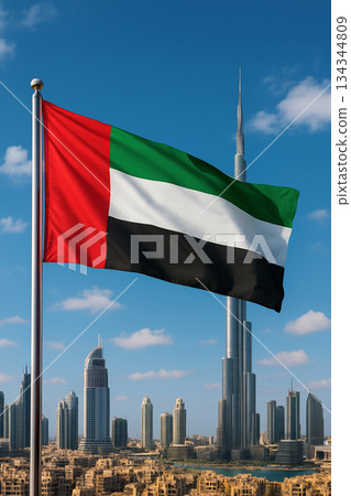 United Arab Emirates flag with Dubai skyline background. 134344809