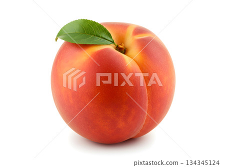 Fresh Ripe Peach with Green Leaf Isolated on White Background 134345124