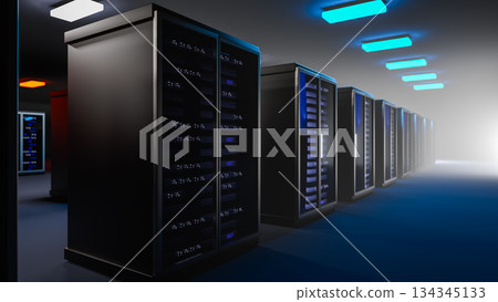 Server. Room servers data center. Backup, mining, hosting, mainframe, farm and computer rack with storage information. Server room data center. 3d render Server. Room servers data center. Backup, mining, hosting, mainframe, farm and computer rack with storage information. Server room data center. 3d render 134345133