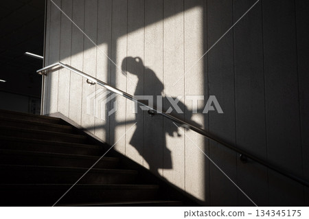 A figure climbing the stairs at the station 134345175