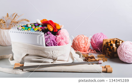 A tote bag with craft and leisure items on a table web banner A tote bag with craft and leisure items on a table web banner 134345289
