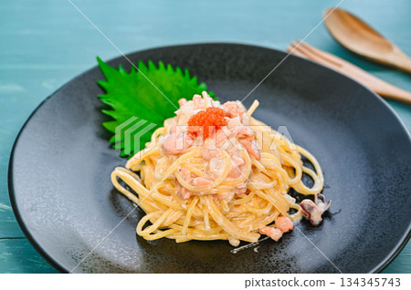 Squid and Mentaiko Cream Pasta with Flying Fish Roe Squid and Mentaiko Cream Pasta with Flying Fish Roe 134345743