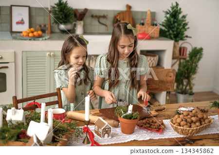 The girls are making gingerbread Christmas cookies by cutting out Christmas figures from the dough. The girls are making gingerbread Christmas cookies by cutting out Christmas figures from the dough. 134345862