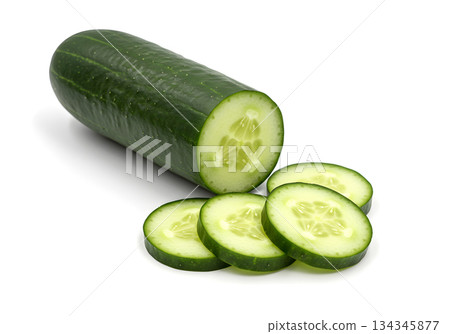 Fresh Cucumber with Slices Isolated on White Background 134345877