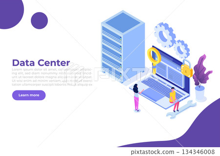 IT  Administrators server, systems configuration, network upkeeping, Data center  concept. Flat isometric vector illustration 134346008