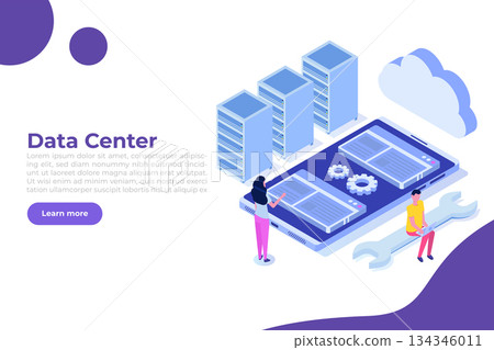 IT Administrators server, systems configuration, network upkeeping, Data center concept. Flat isometric vector illustration IT Administrators server, systems configuration, network upkeeping, Data center concept. Flat isometric vector illustration 134346011