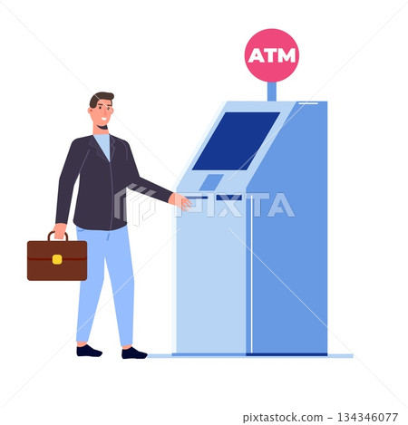 Man standing near atm machine.Vector flat style illustration. Man standing near atm machine.Vector flat style illustration. 134346077