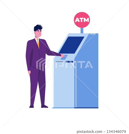 Man standing near atm machine.Vector flat style illustration. 134346079